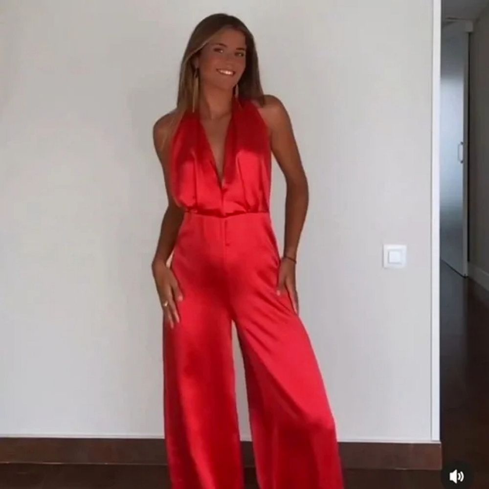 ZARA RED HALTER JUMPSUIT ZARA RASPBERRY